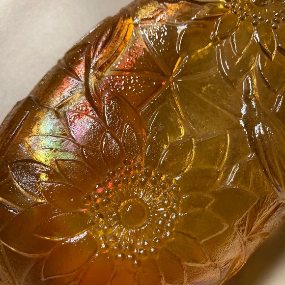 Vintage Carnival Glass Marigold/Sunflower Iridescent Oval Dish w/Handles - Picture 8 of 11